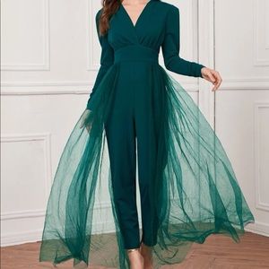 Surplice Neck Solid Jumpsuit with Mesh Skirt